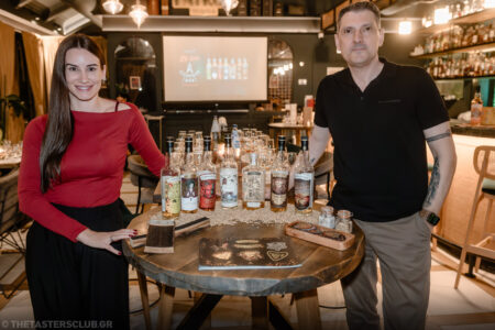 The Tasters Club Tasting Day 95 25 years Compass Box anniversary whisky tasting. Yiannis Milionis and Stella Peponaki.
